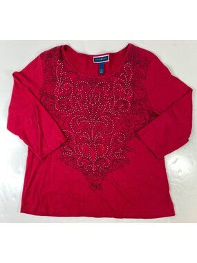 Karen Scott Womens Red Beaded Long Sleeve Top Size XL